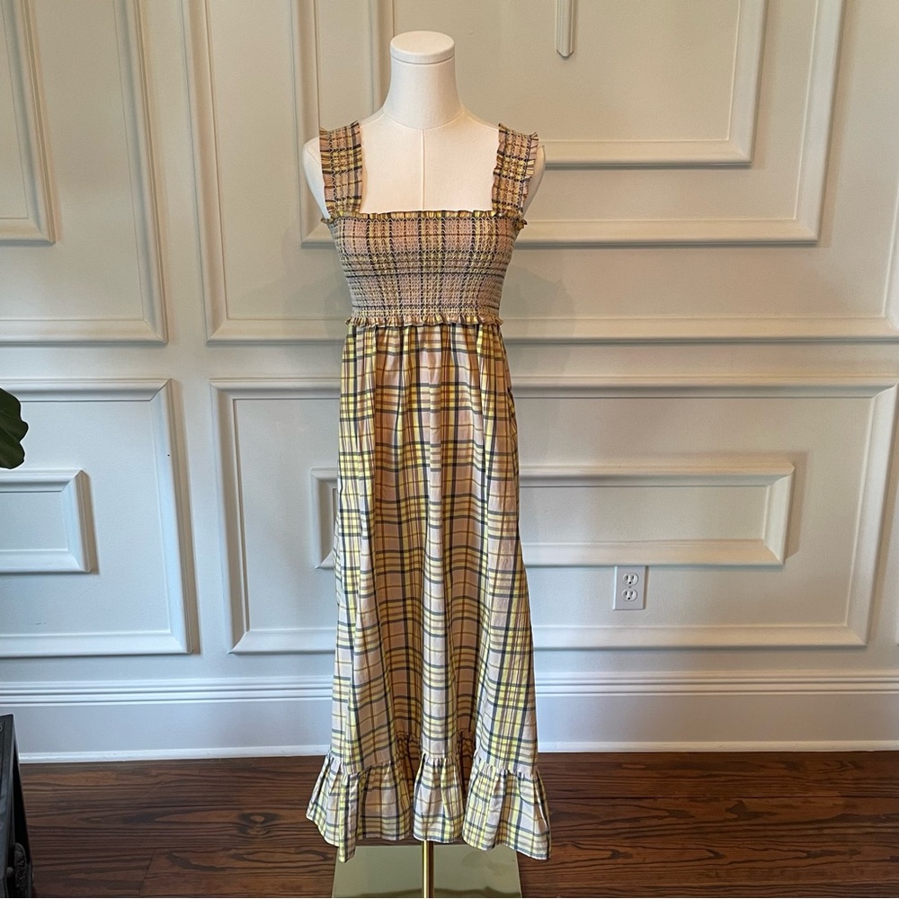 Rails XS Rumi Dress Midi Tan Yellow Plaid Sleeveless Square Neck cotton Fall
